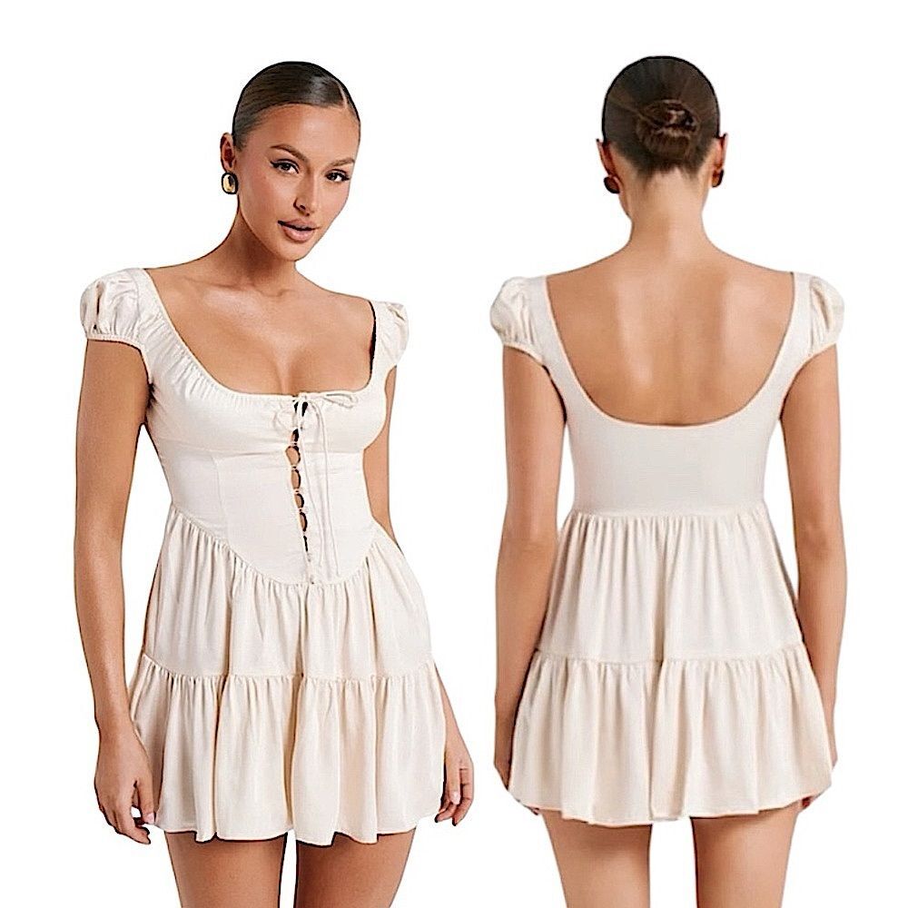 Meshki Havanna Satin Mini Dress Cream Sand XL NWT Square Neck Puff Sleeve